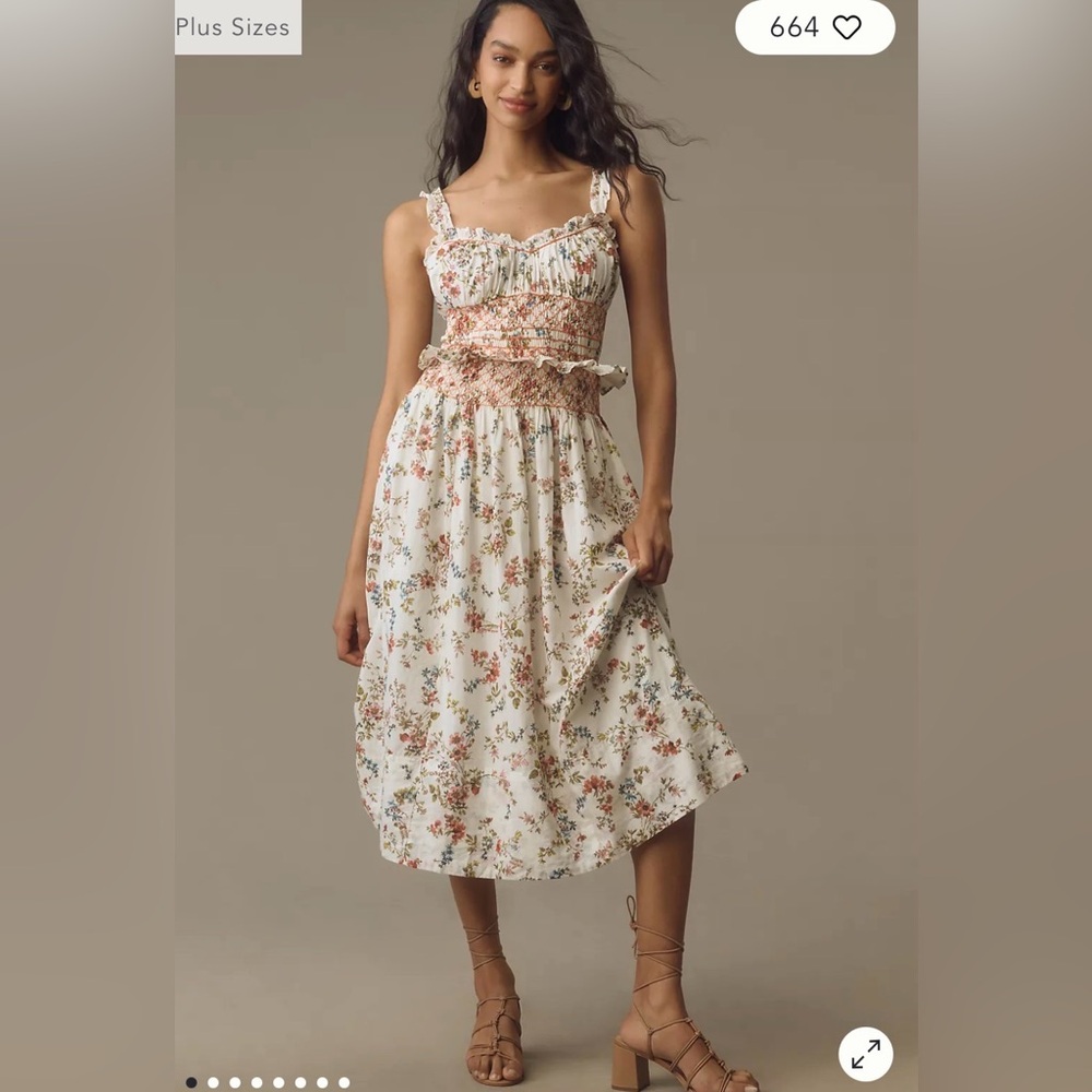 New Anthropologie Sleeveless Smocked-Waist Ruffled Floral Midi Dress M $178 NWT